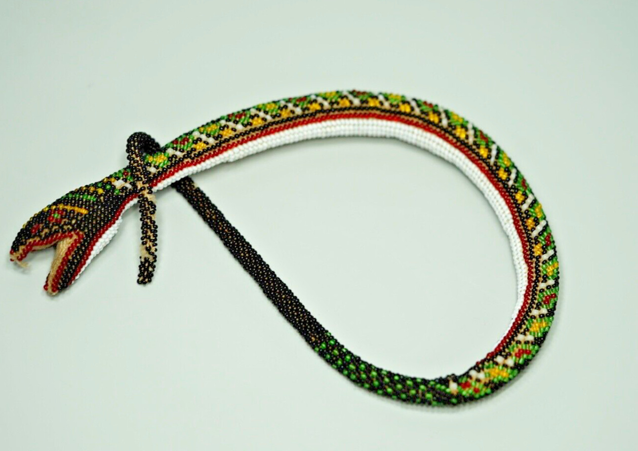 19c. Ottoman Turkish POW Glass Beadwork Crochet Beaded Snake Serpent Horse Whip