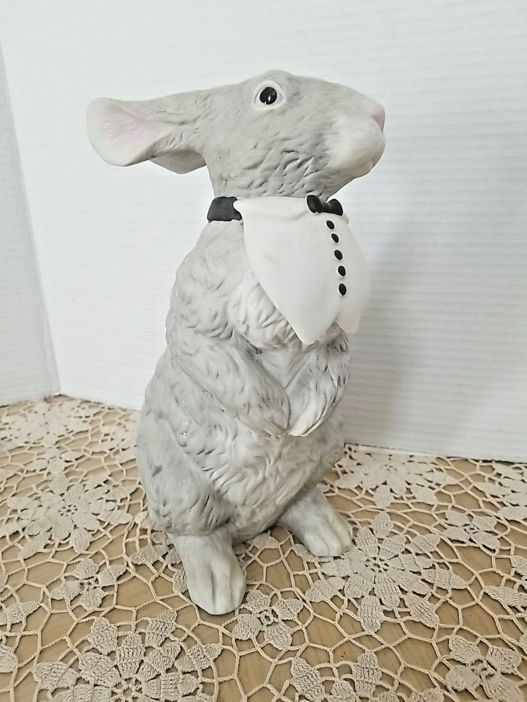 Vtg Bisque Ceramic Rabbit with Tuxedo Collar / Easter Holiday Bunny 10” tall