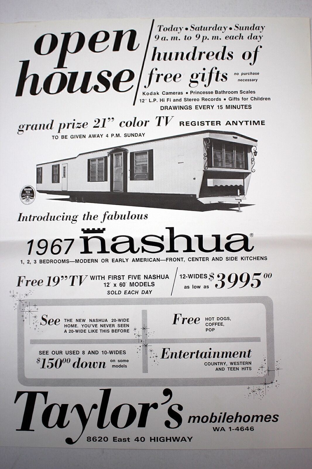 1967 Nashua Mobile Homes 1 Sheet Advertising KCMO Dealer 11x14 #18