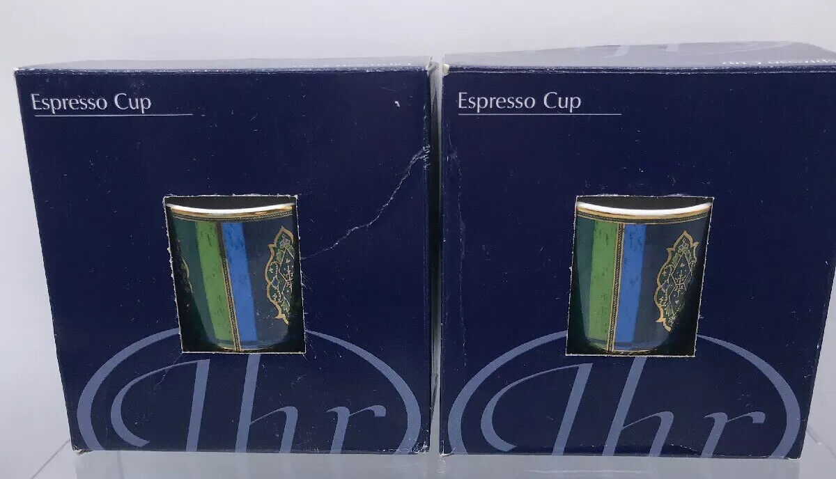 New Set Of 2 Ideal Home Range Espreso Cups & Saucers Green Blue Gold Trim Mugs￼