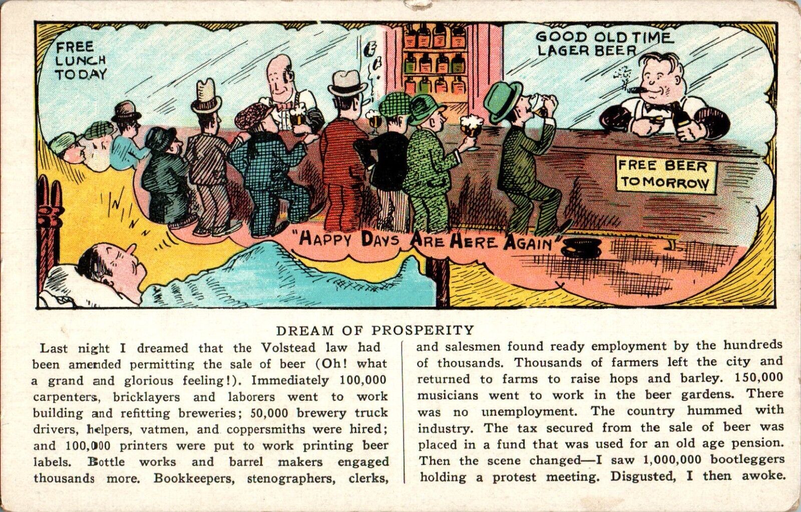 Dream of Prosperity, Prohibition, Depression Era Humor Postcard