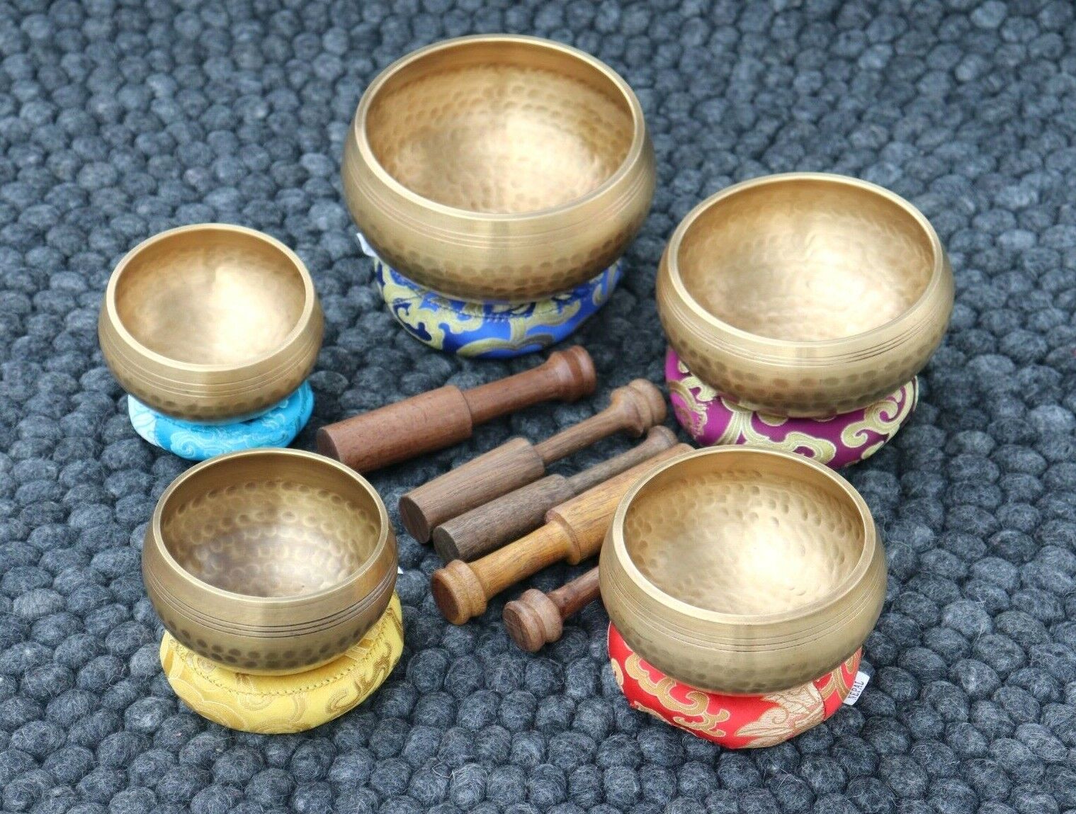 Gorgeous set of 5 Gulfa Hand-beaten singing bowls, handmade in Nepal, meditation