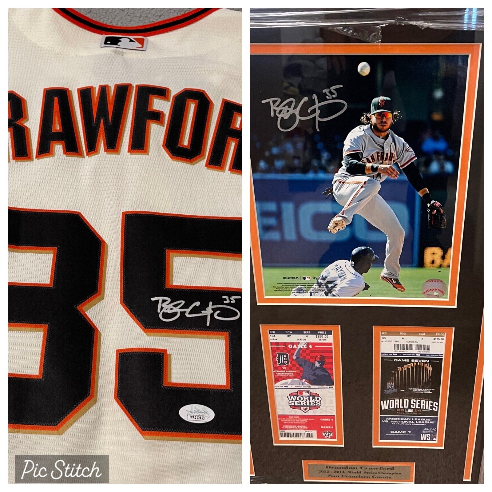 Brandon Crawford autographed framed 2012 & 2014 WS Champ  x Crawford jersey