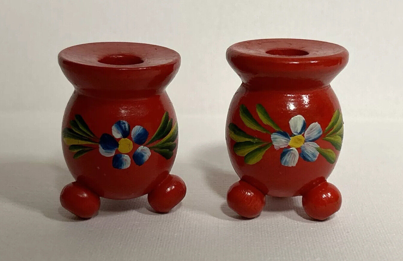 Vintage Pair Hand Painted Swedish Wood Candle Holders Red Floral