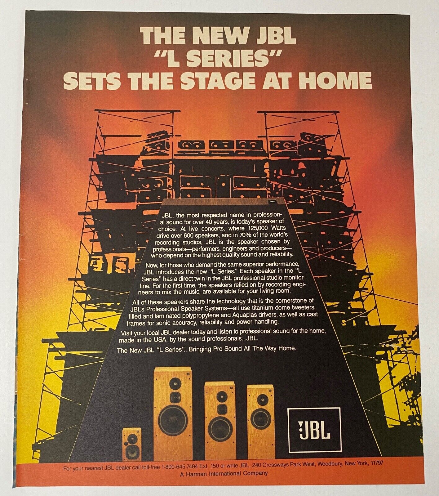 1985 JBL Speakers  Live Concerts 70% of The World\'s  Recording Studios Print Ad