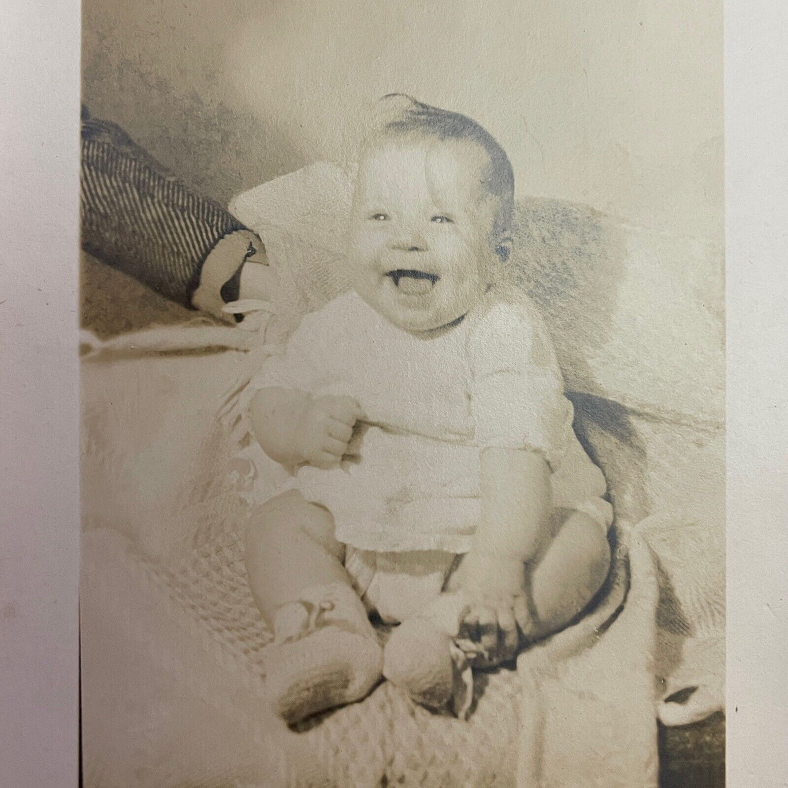 Vintage Smiling Laughing Baby Propped Up B&W 1945 Real Photo Postcard