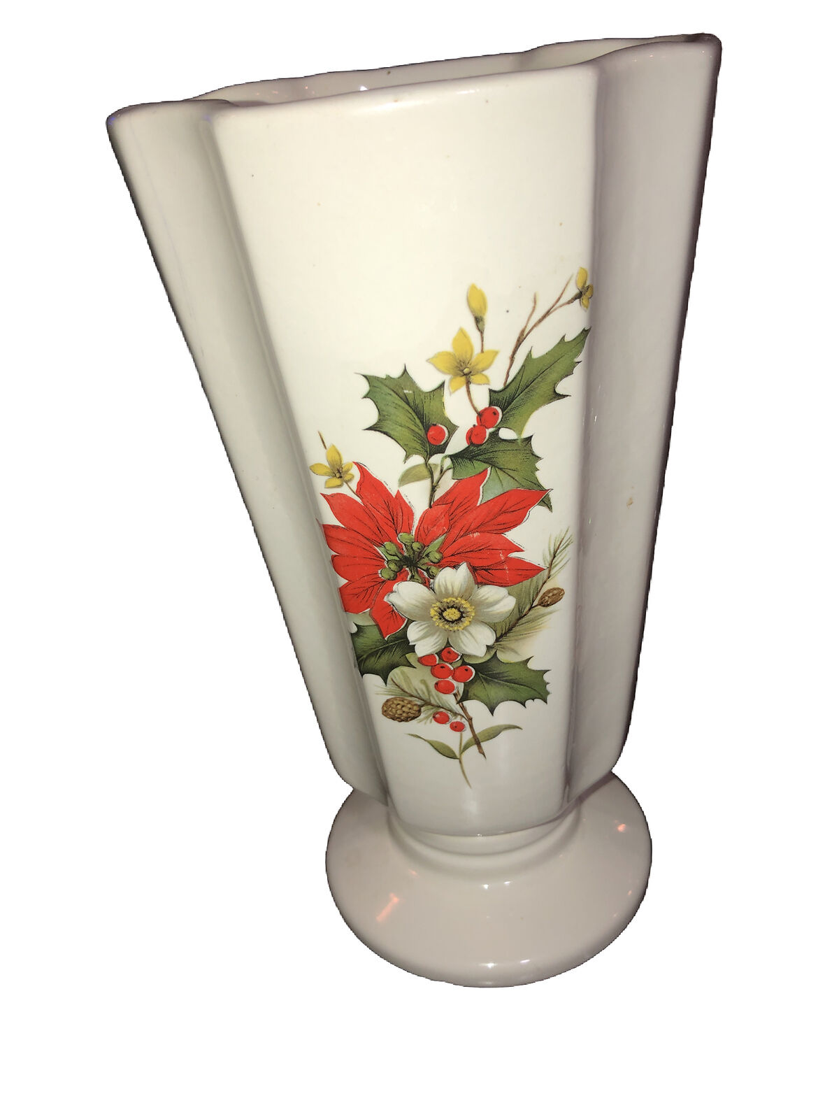 Vintage Haeger Ceramic Fluted Vase 9” Poinsettia Design