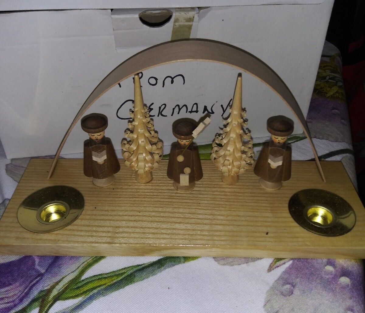 Vintage German Wood Taper Candle Holder Christmas Choir/Trees Handmade 