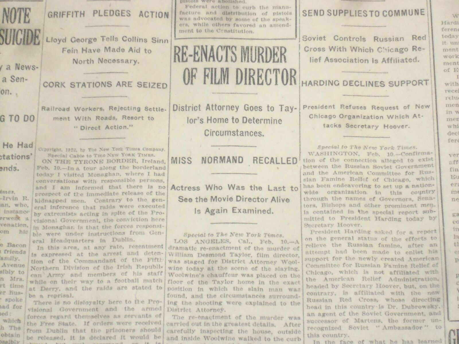 1922 FEBRUARY 11 NEW YORK TIMES - RE-ENACTS MURDER OF FILM DIRECTOR - NT 9009