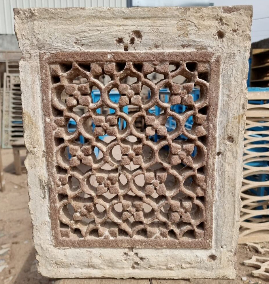 1800's Antique Hand Carved Floral Jali Work Mughal Architectural Stone Window