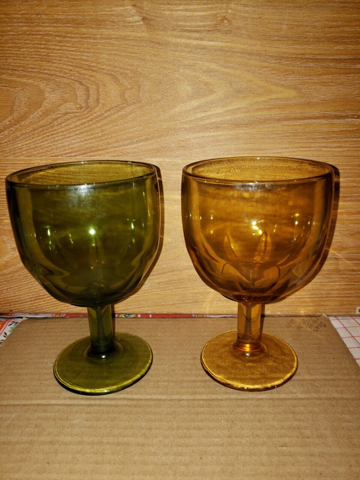 Vintage 2 Beer Glass Goblet  Thumbprint Green & Gold