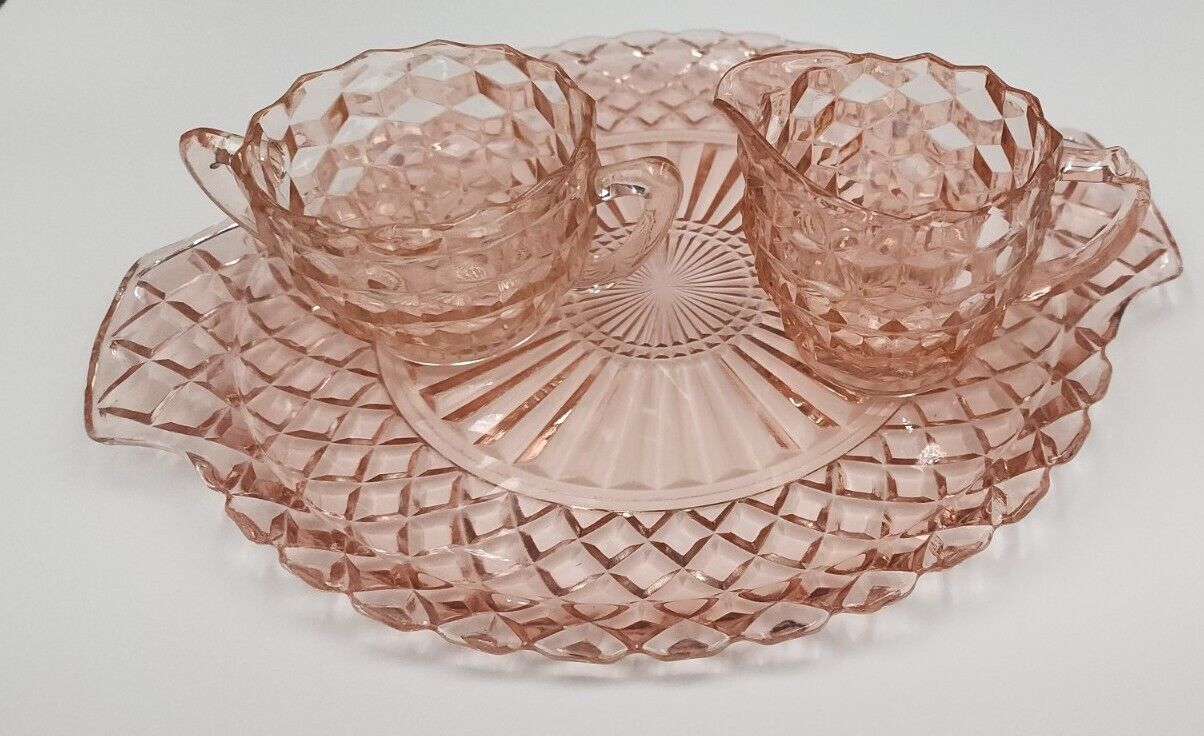Vtg Anchor Hocking Pink Waffle Pattern Glass Tray With Open Sugar & Creamer