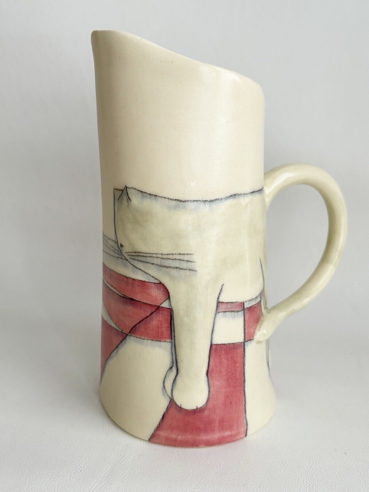 Vintage Beth Fein Folk Art Pottery Cat Pitcher Vase Signed 1980 Whimsical