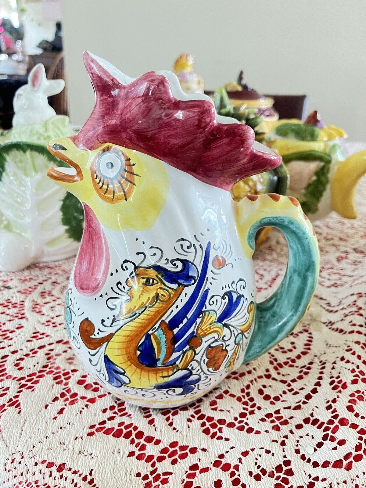 William Sonoma Hand Painted Majolica Deruta Style Rooster Pitcher