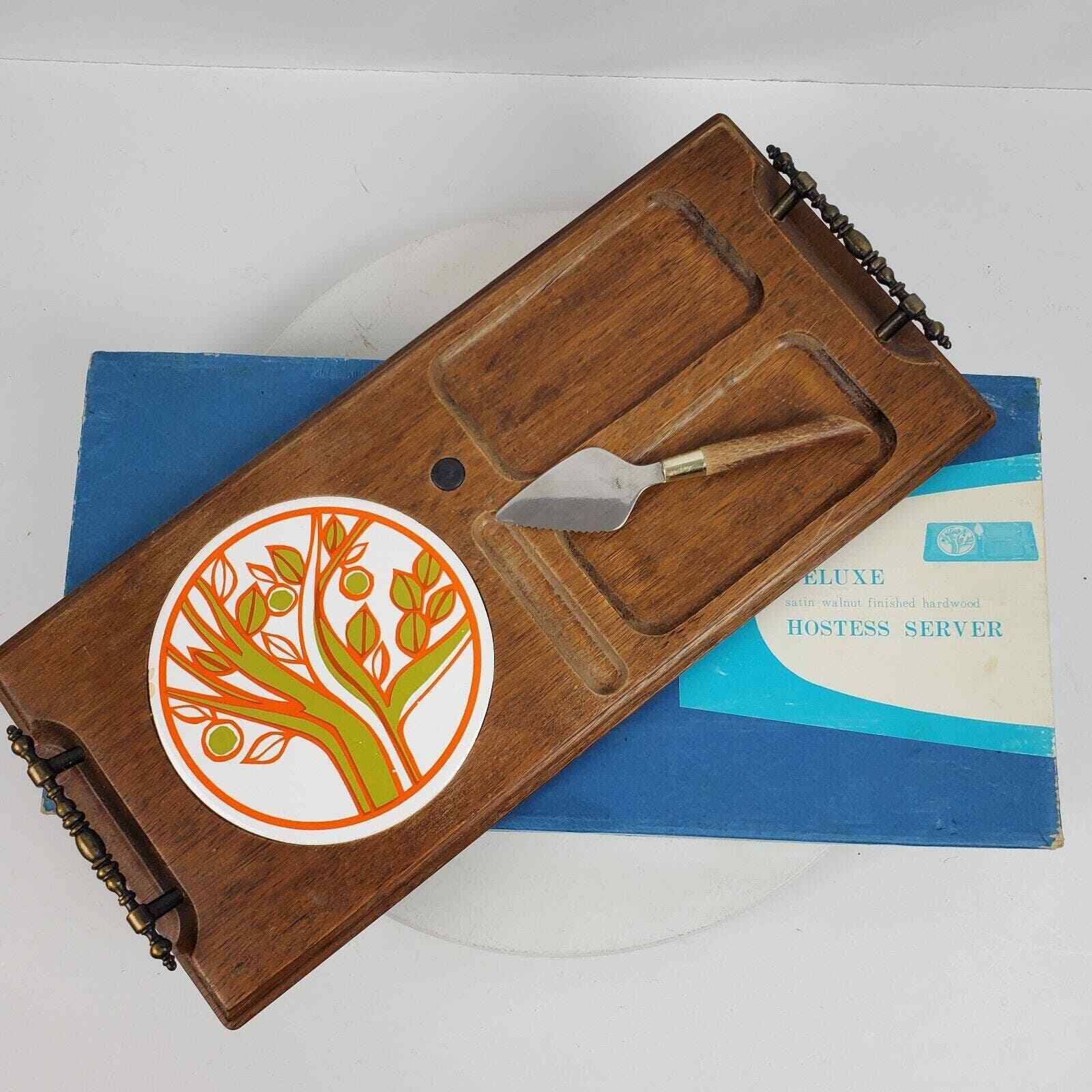 Vintage 1970s Imperial Deluxe Hostess Server Walnut Finish 17x8 Inch w/ Box
