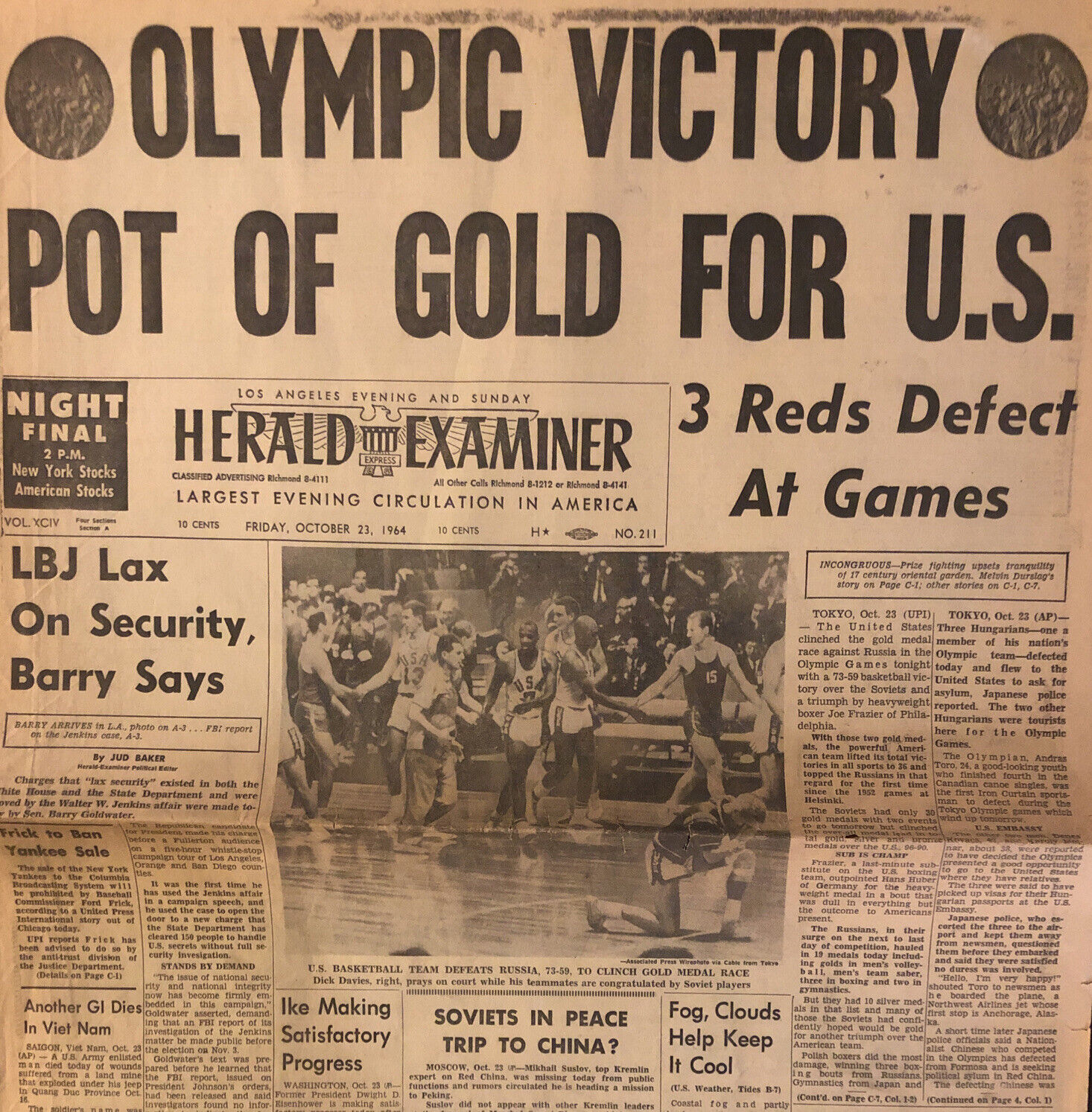 USA Olympic Basketball Team Wins Gold Original 1964 Newspaper Joe Frazier Boxing