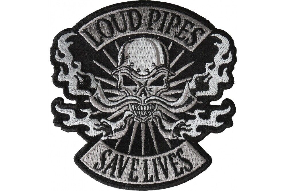 LOUD PIPES SAVE LIVES #2 SKULL EMBROIDERED BIKER PATCH