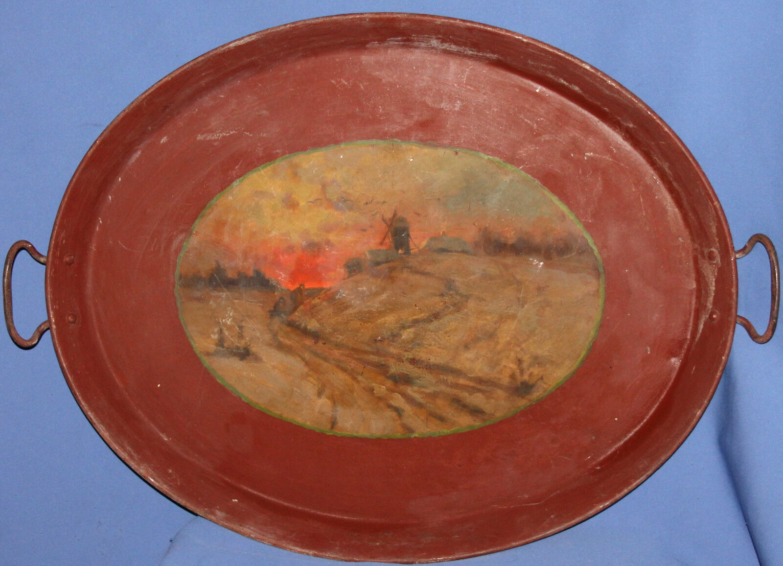 ANTIQUE HAND PAINTED METAL SERVING TRAY WINDMILL LANDSCAPE