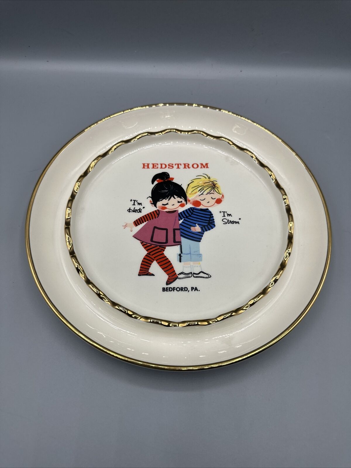 Vintage Hedstrom Ashtray Advertising Dish Children Gold Rimmed 8.75\