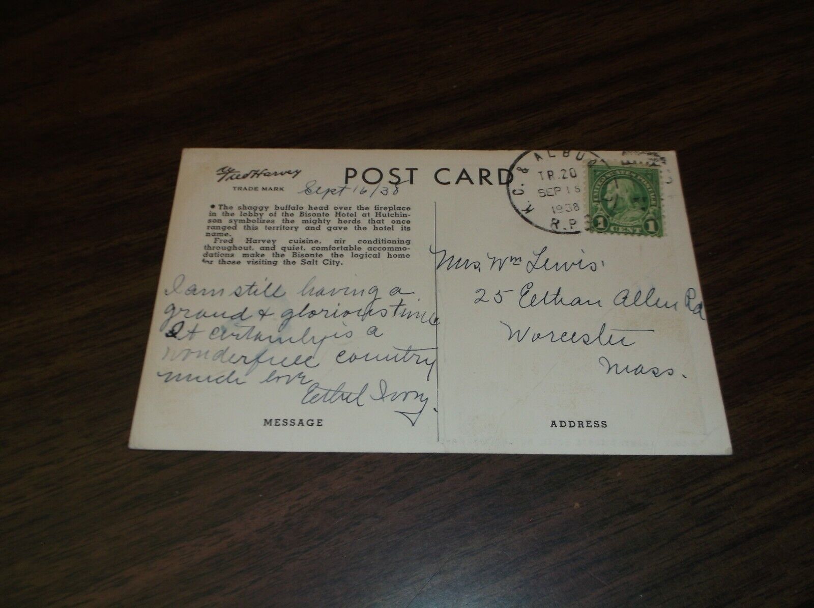 1938 FRED HARVEY SANTA FE KC & ALBUQUERQUE TRAIN #20 RPO HANDLED POST CARD 