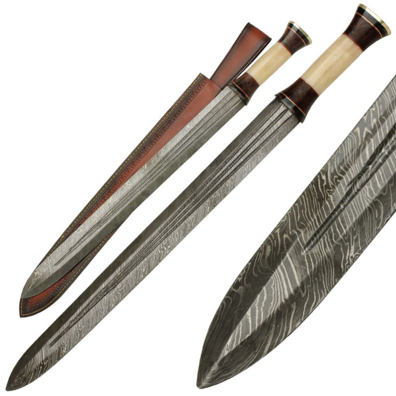 Handmade Ancient Greek Infantry Damascus Steel Spatha Sword with Leather Sheath