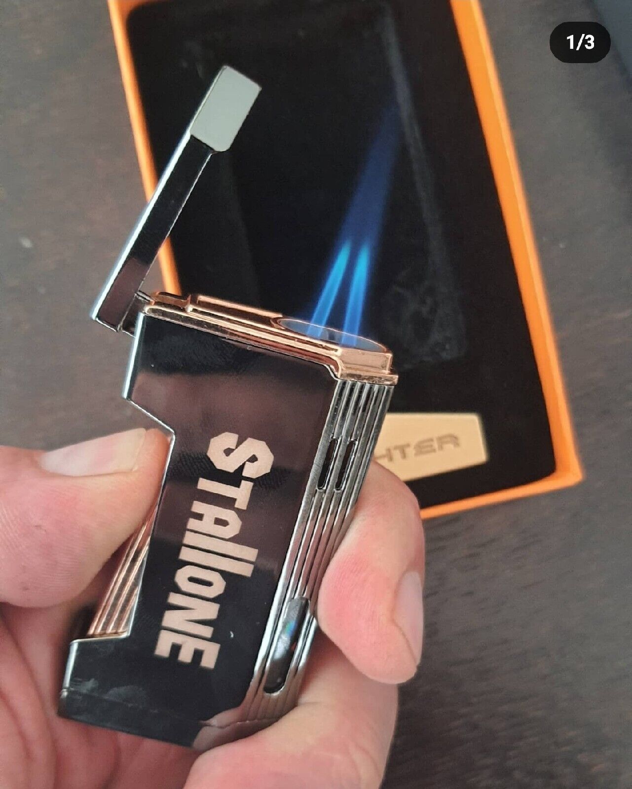 STALLONE CIGARS NEW DOUBLE FLAME TORCH BUTANE LIGHTER RECHARGABLE W/GIFT BOX 