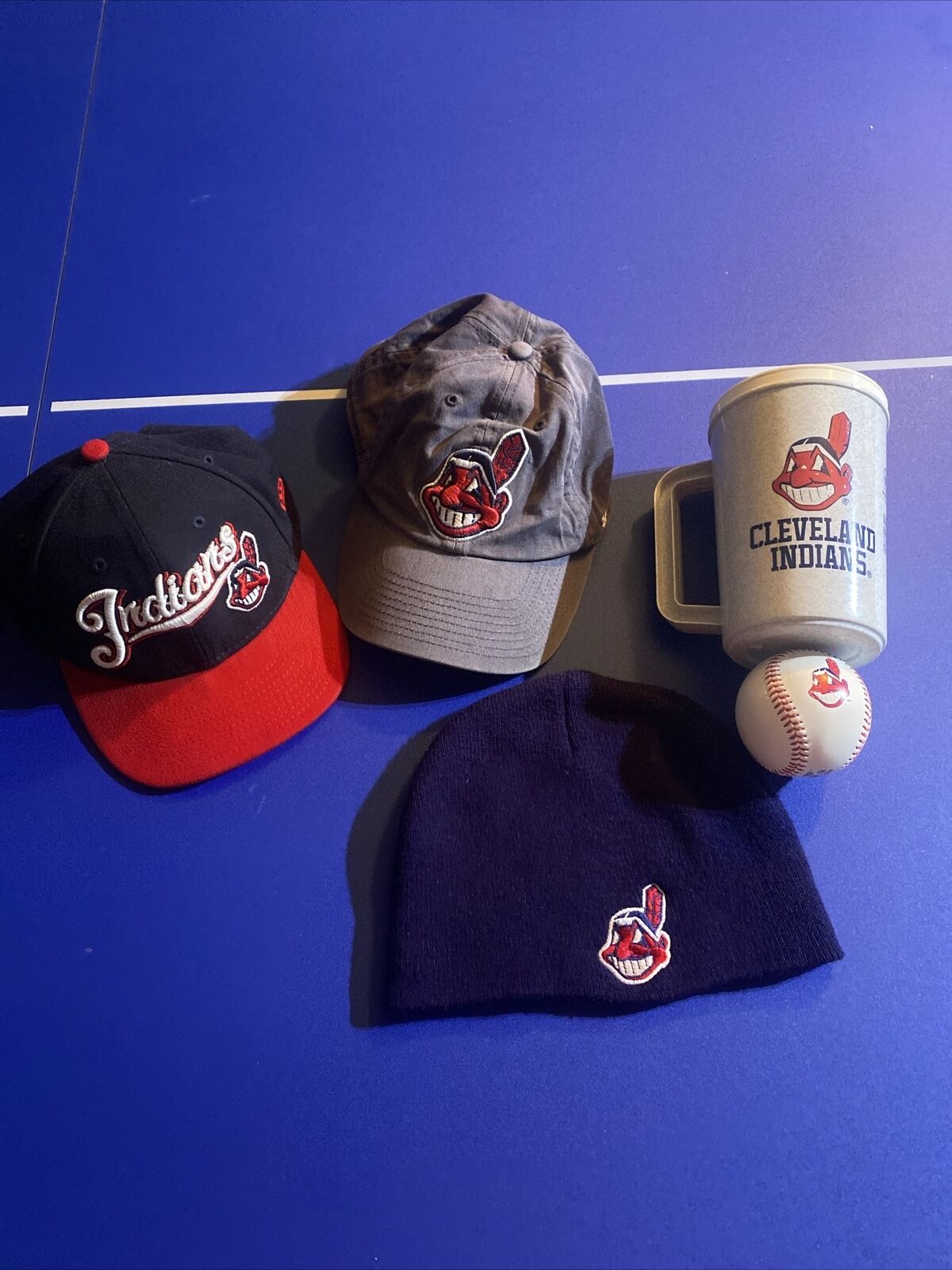 Cleveland Indians chief Wahoo Lot Of Items, Baseball, Mug, Hats, Beanie Cap
