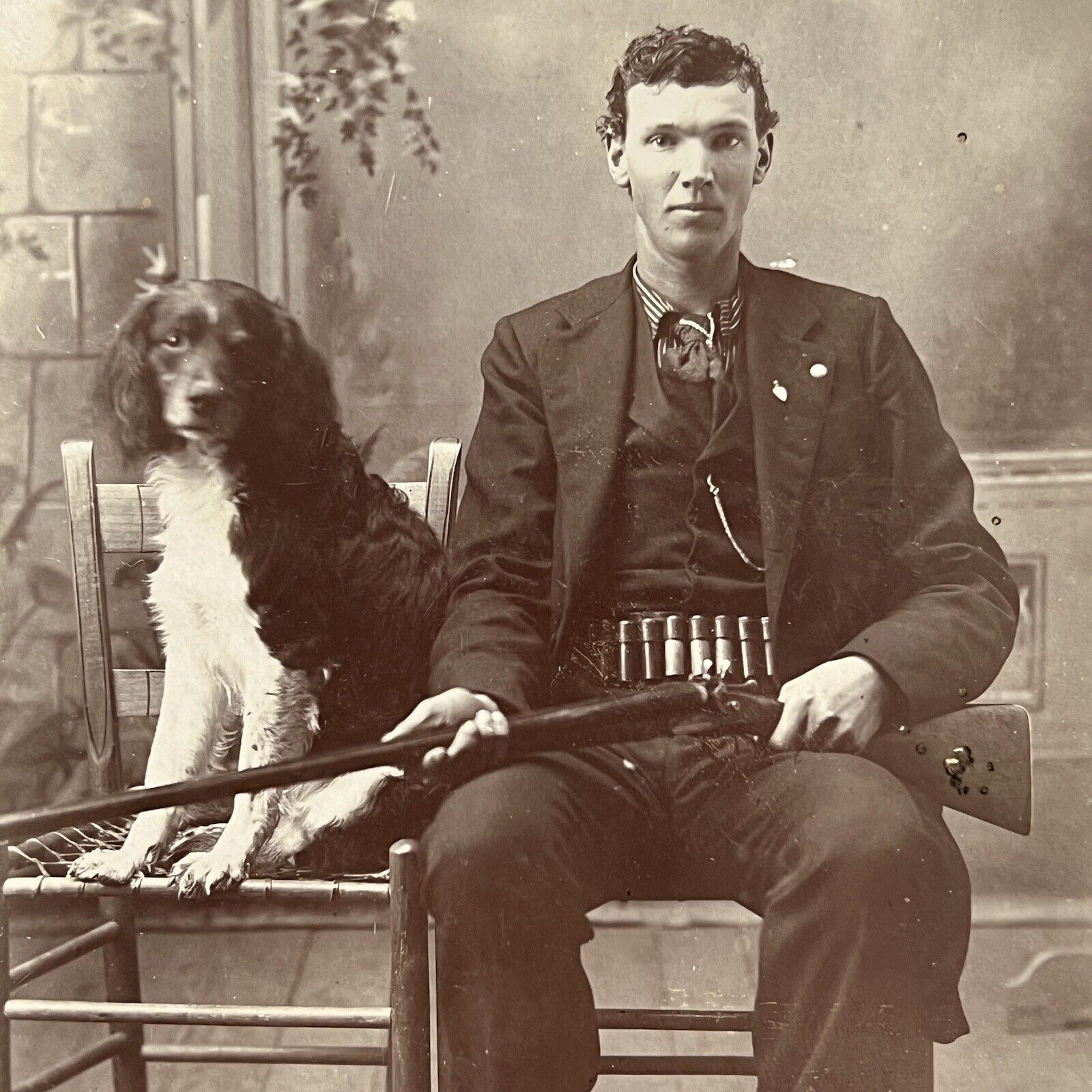 Antique Cabinet Card Photograph Handsome Young Man Dog Shotgun Shells Stayton OR