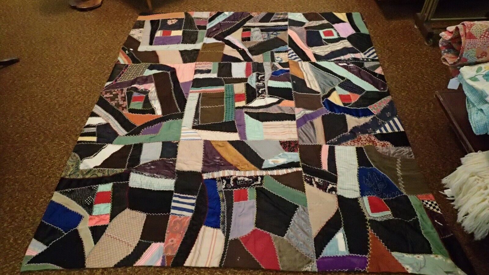 ANTIQUE Victorian HAND MADE EMBROIDERED CRAZY QUILT Blanket- BUGGY QUILT 84\