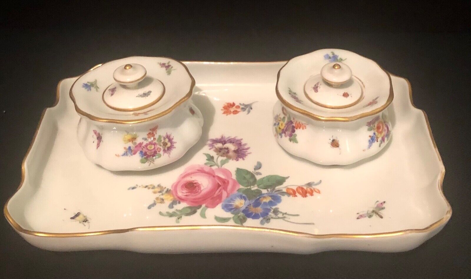 Meissen Inkwell Set Porcelain With Floral & Insect Motif
