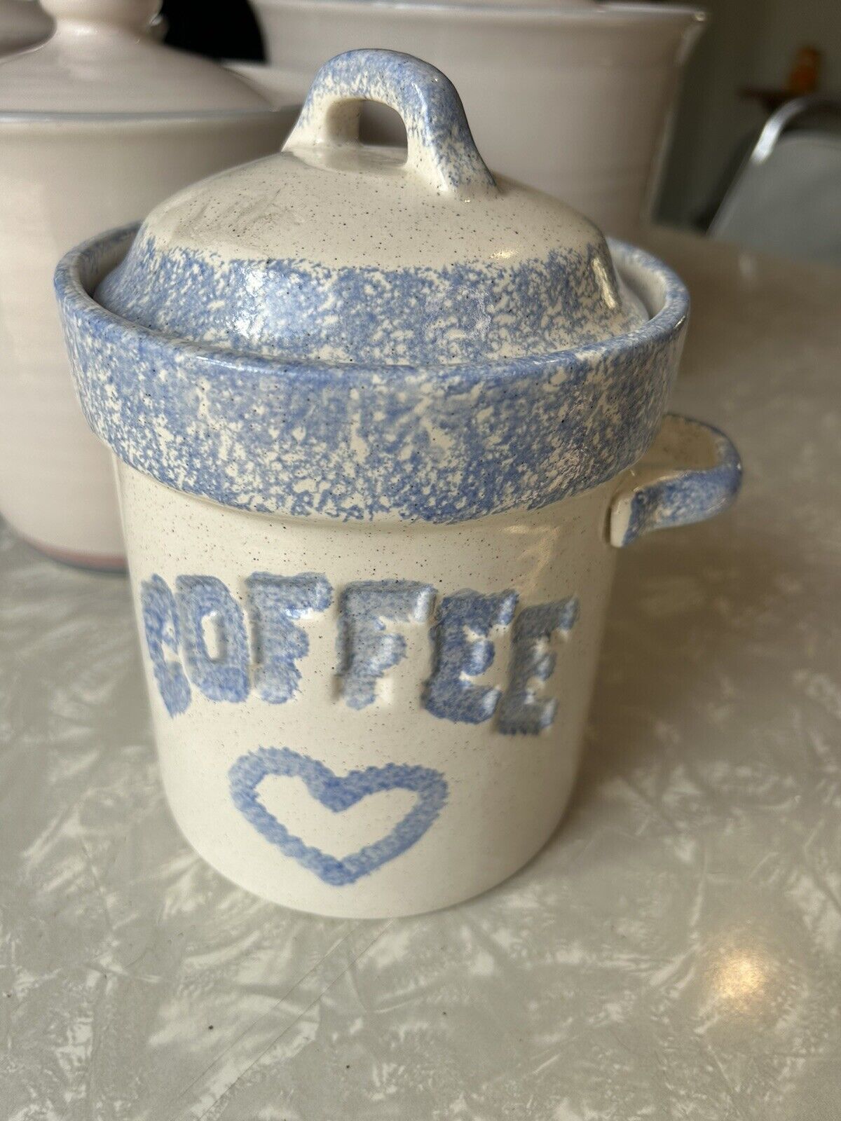 Vintage Cream And Blue Ceramic Spongware Coffee Canister Jar With Air Tight Lid