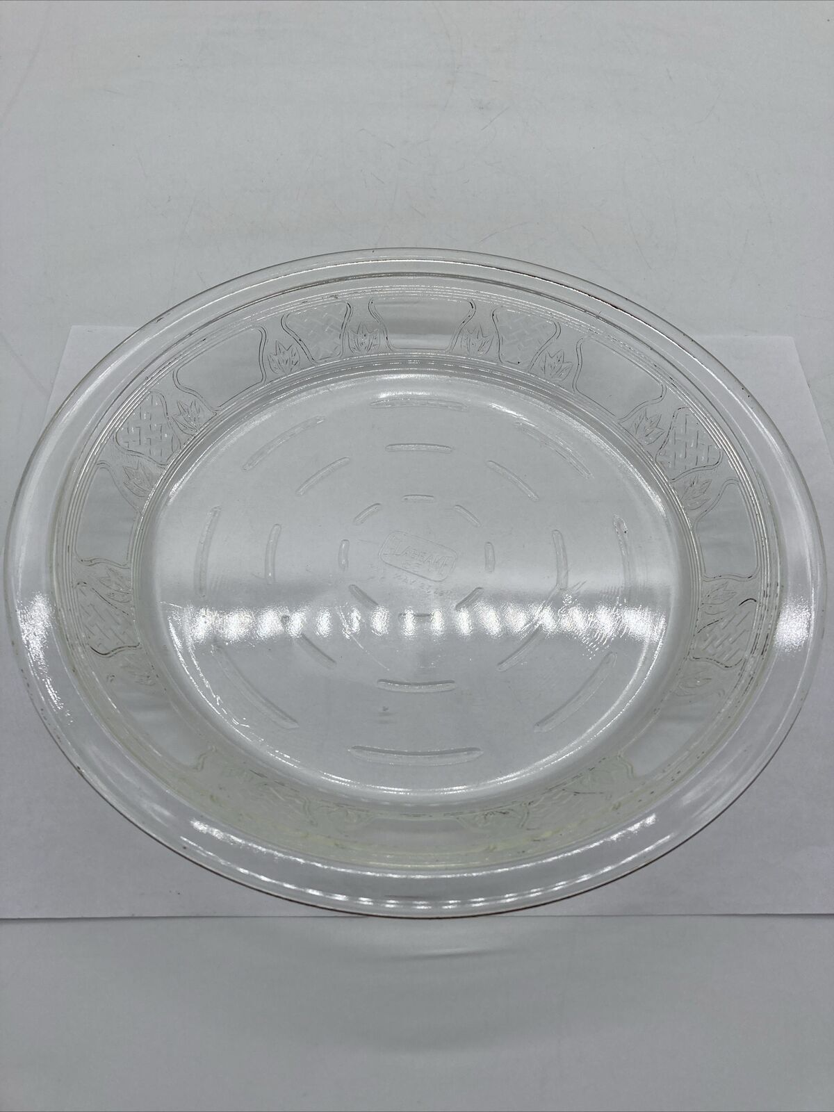 Glasbake 9” Pie Plate Patented May 27, 1919 Clear Vintage Harvest Design