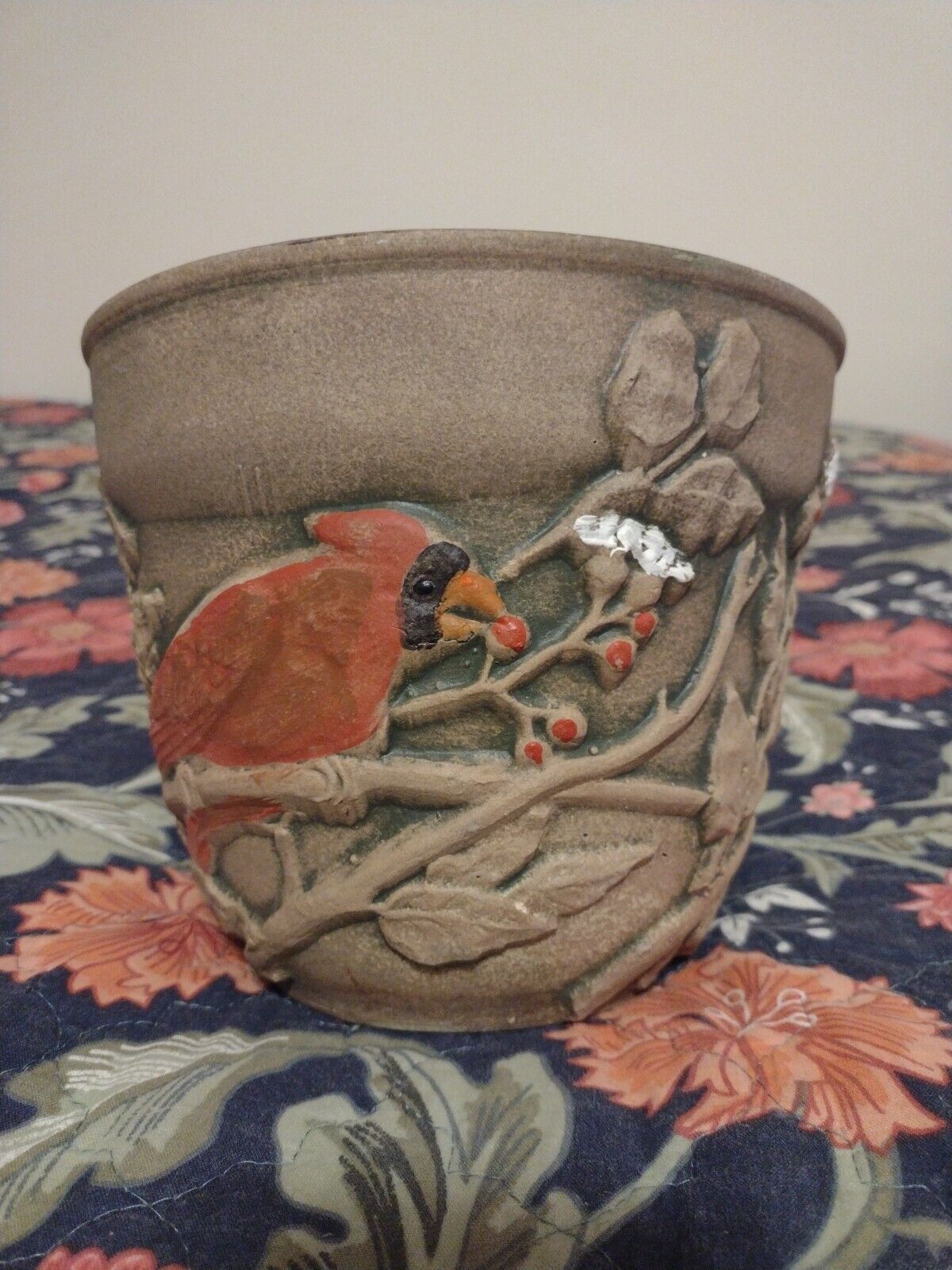 Antique Burley Clay Products, Roseville, Ohio, Cardinal And Holly Flower Pot, 6