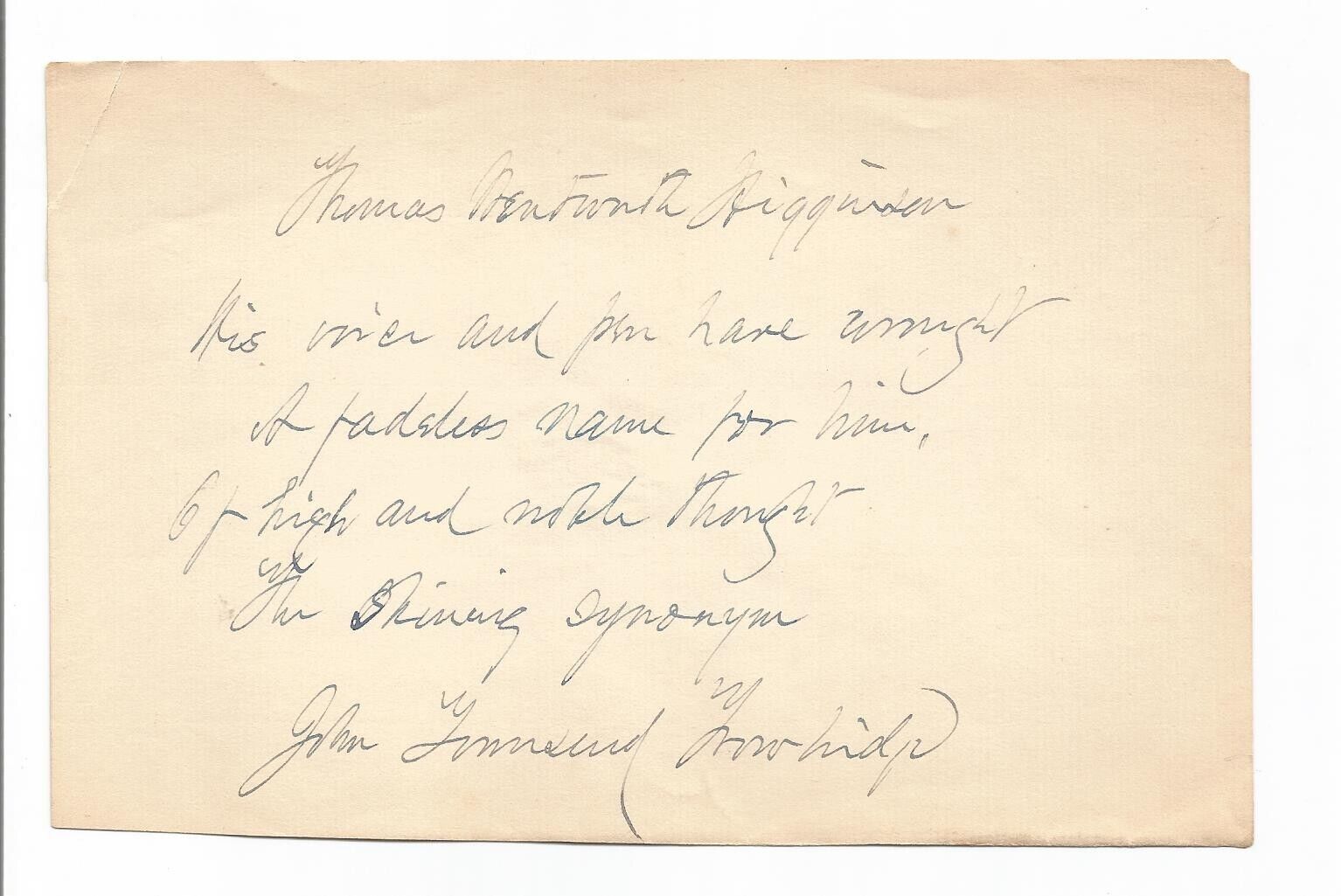 1900s Author John Townsend Trowbridge Letter to Poet Thomas Wentworth Higginson