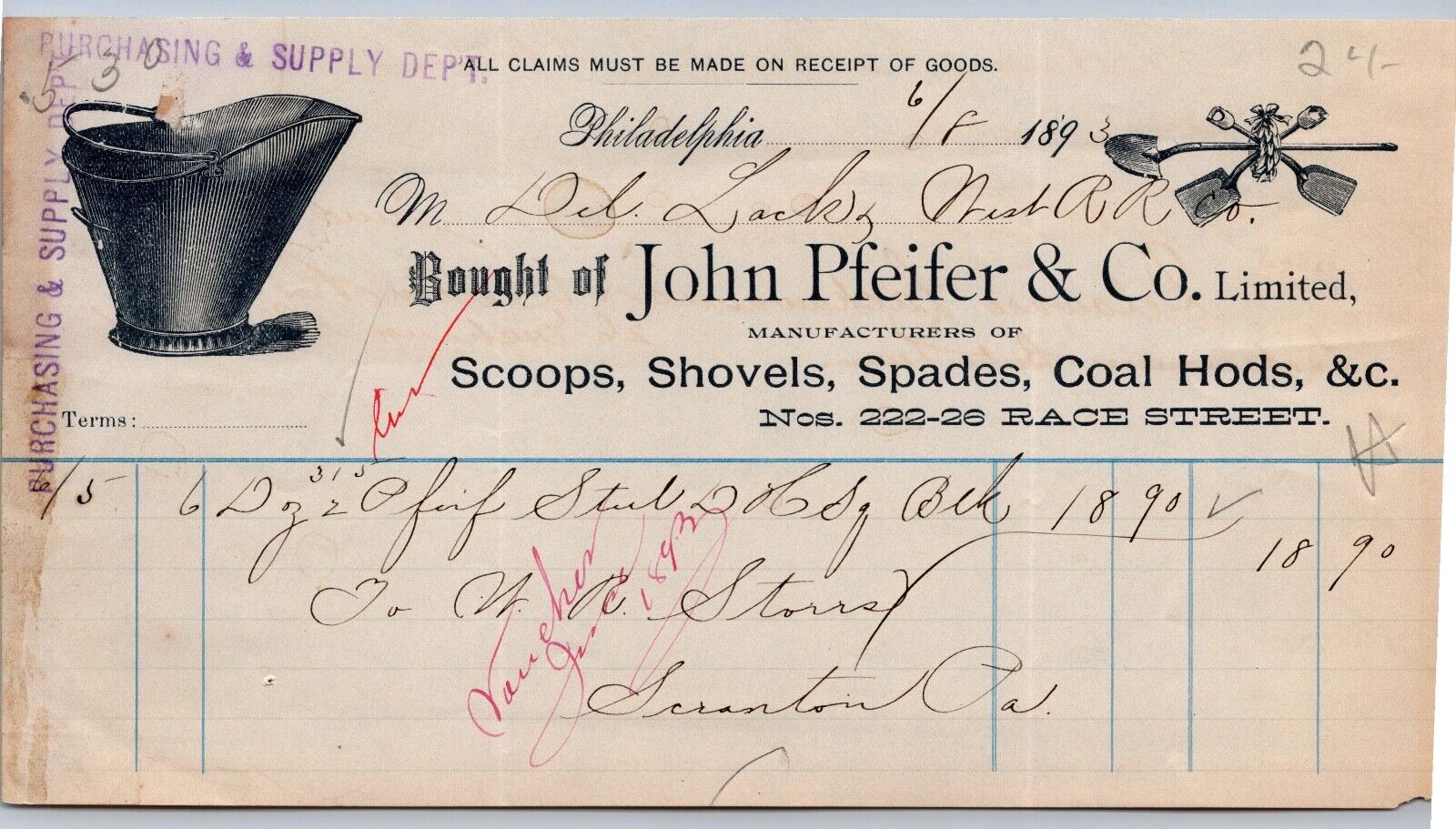 1893 billhead JOHN PFEIFER PHILADELPHIA coal scoops shovels spades hods/graphics