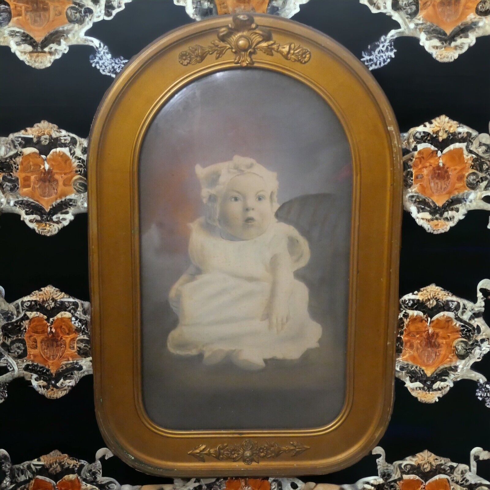 Circa 1900 American Victorian Baby Portrait Photograph in Convex Glass Frame