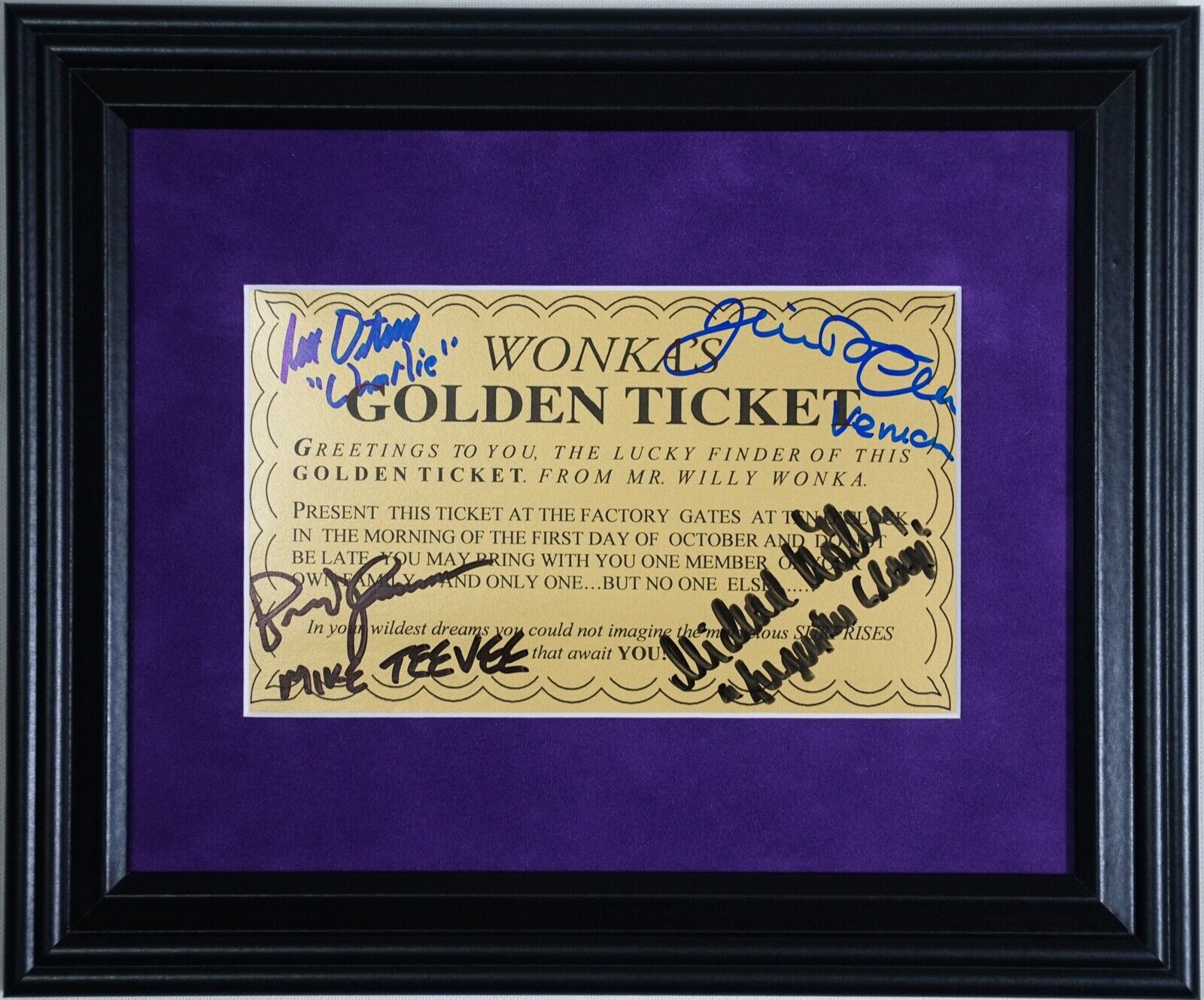 WILLY WONKA GOLDEN TICKET FRAMED, AUTOGRAPHED (SIGNED) BY FOUR, PLUS EXTRAS