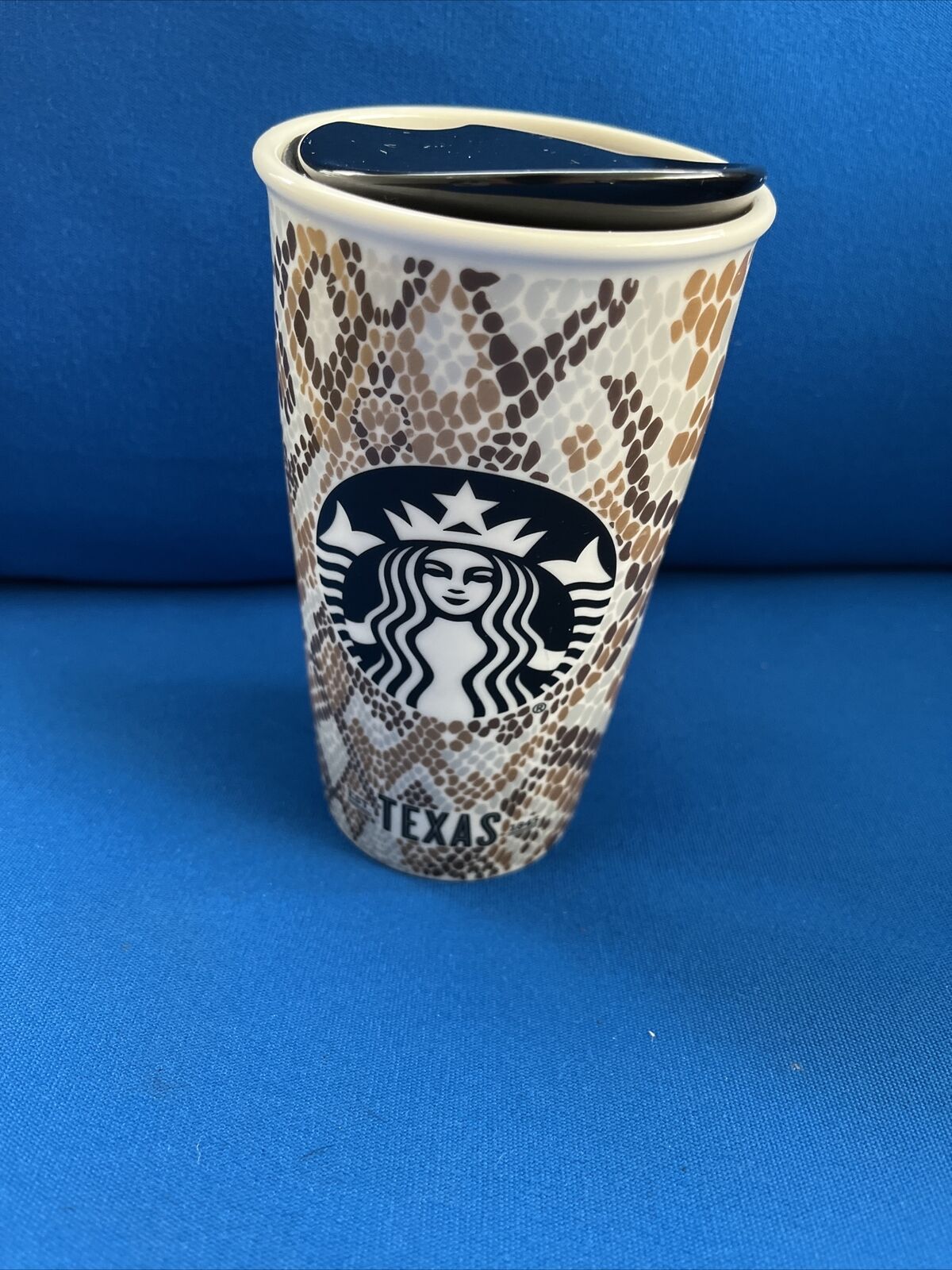 Starbucks Ceramic Tumbler Travel Mug 2015 Texas Snake Skin Pattern w/Lid