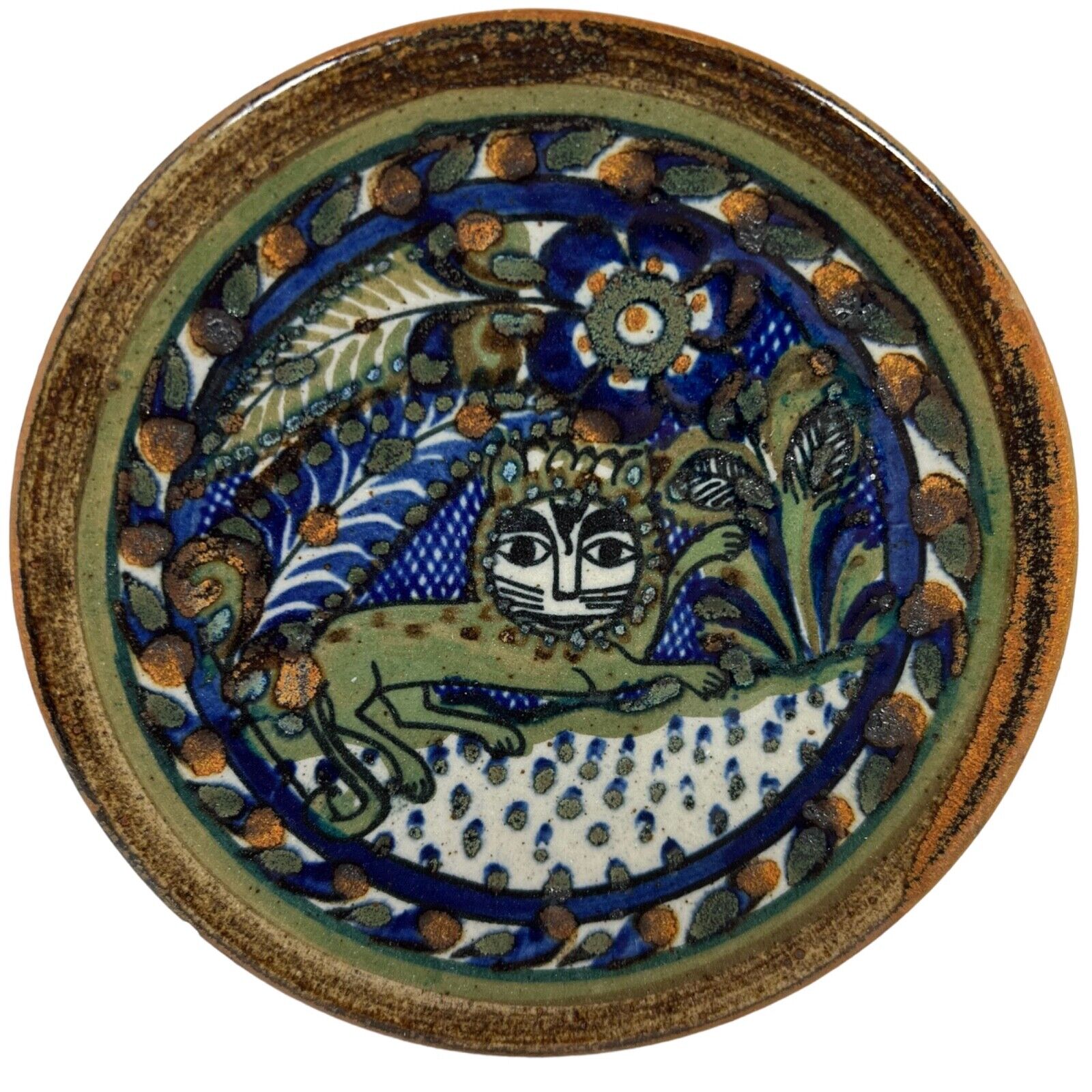 VTG Tonala Folk Art Lion Pottery Plate 6” Xochiquetzel  Mexico Teresa Duran