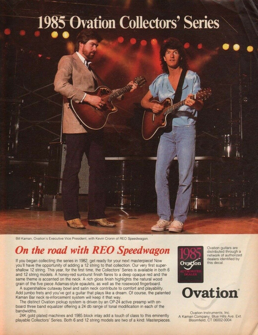 1985 Kevin Cronin REO Speedwagon Bill Kaman Ovation Guitars - Vintage Ad