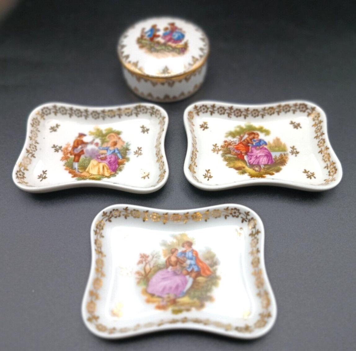 A FRENCH LIMOGES SET OF (3) SMALL JEWELRY PIN TRAY DISHES +(1) TRINKET BOX, vg