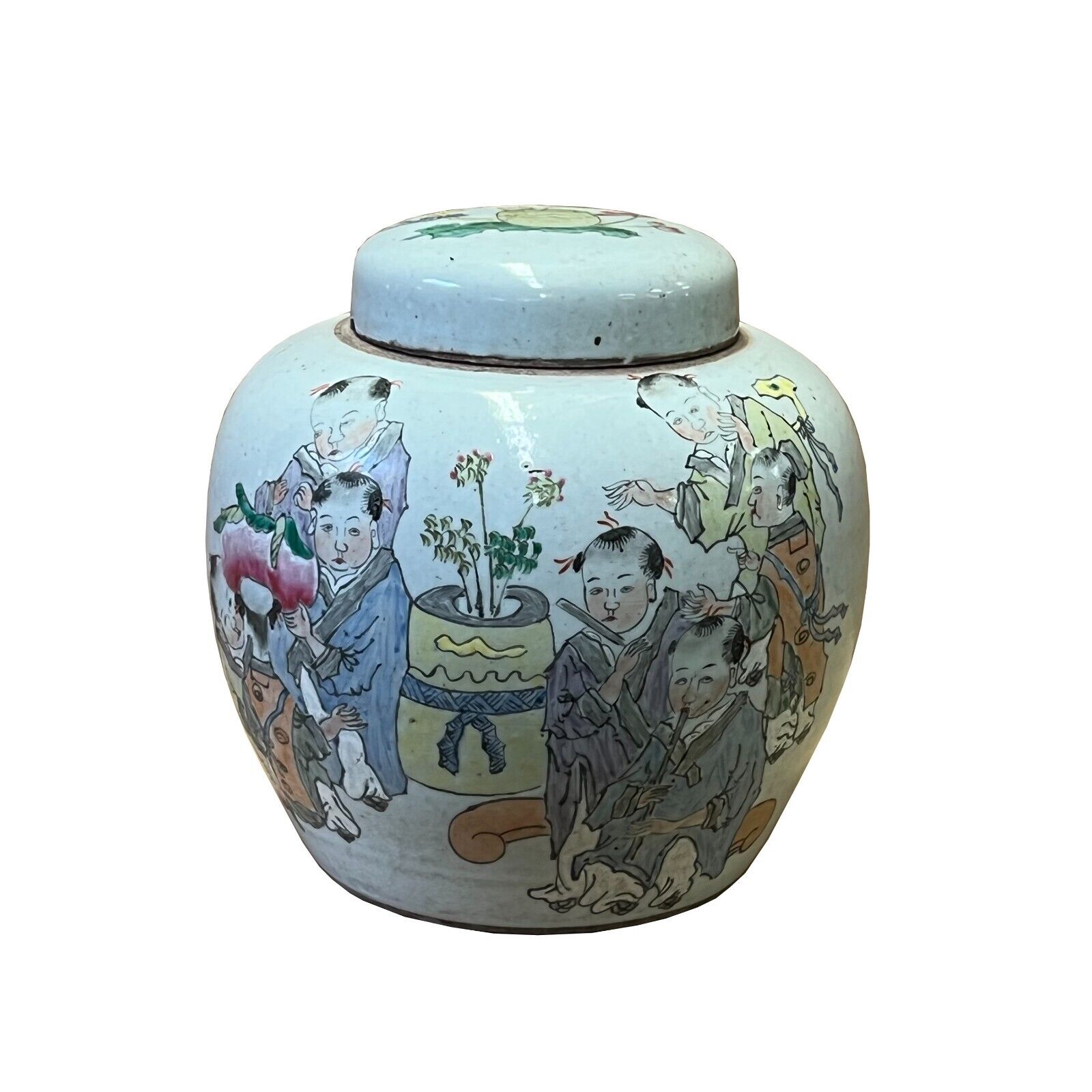 Oriental Distressed Marked Off White Kids Theme Porcelain Round Jar ws2611