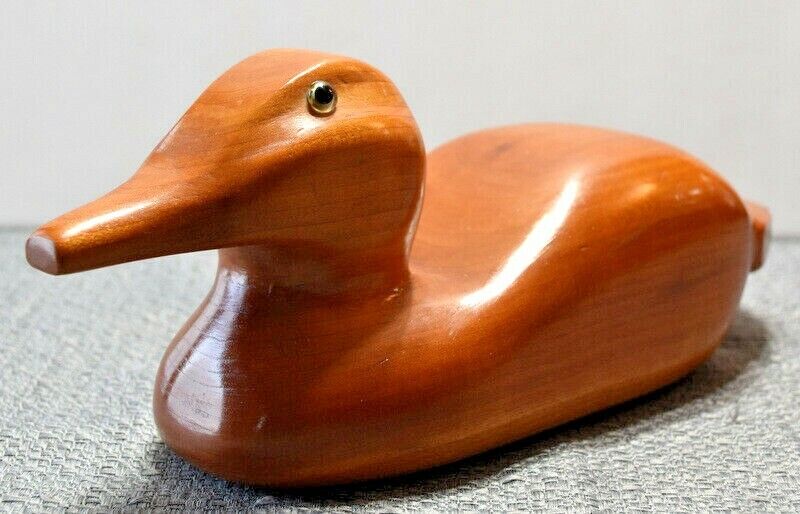 Lg Vtg 1992 Hand Carved Wooden Duck Mallard Solid Wood w/Glass Eyes SIGNED 10\