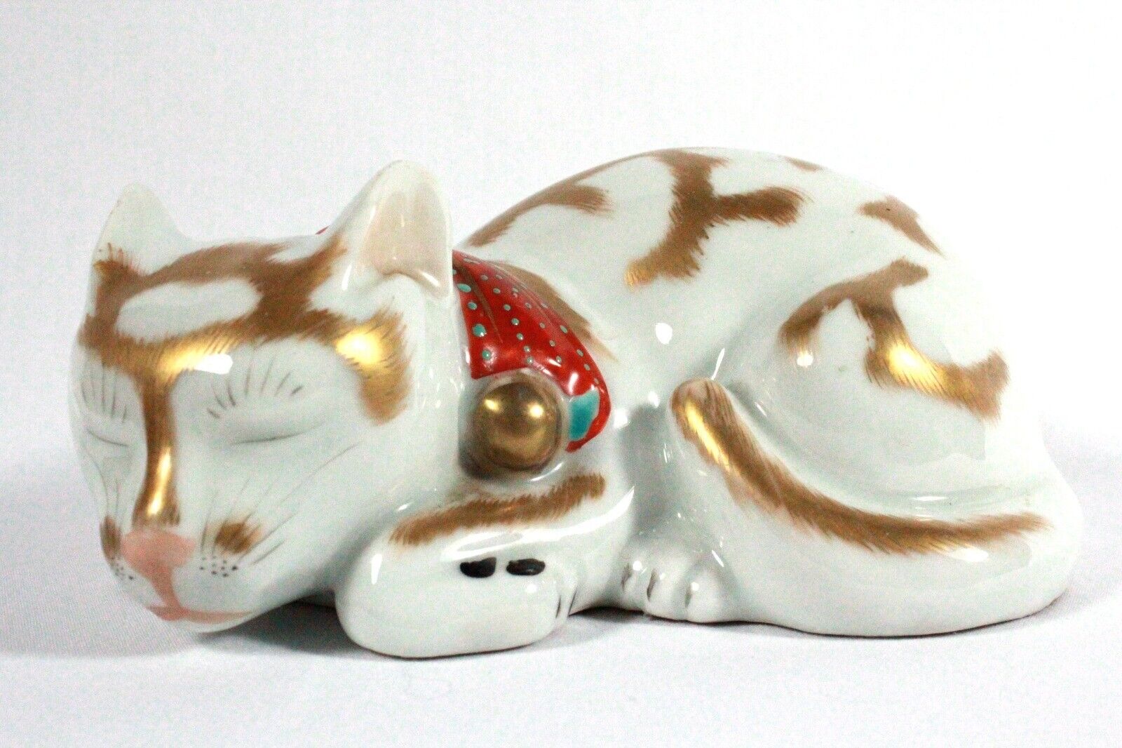 Antique Sleeping Cat Nemuri Neko Kutani Imari Porcelain Heavy Small Kiln Hole 7\