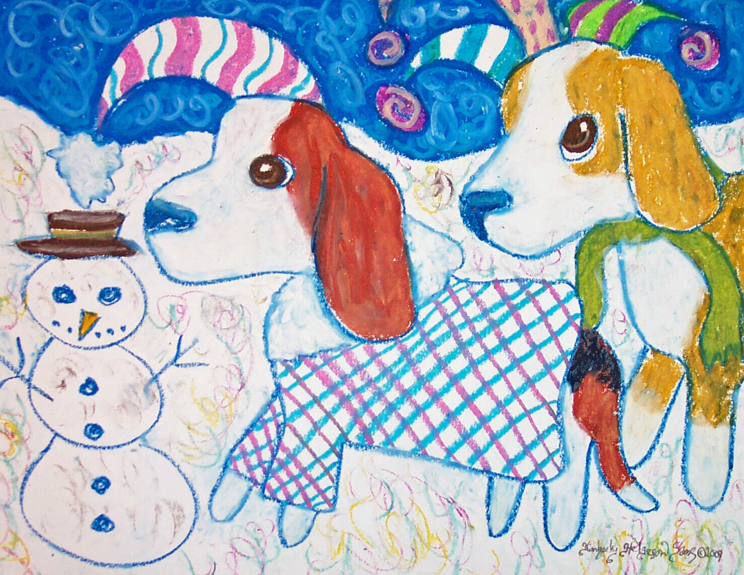 Beagle Collectible Art Print 11x14 Artist Kimberly Helgeson Sams Snowman Winter