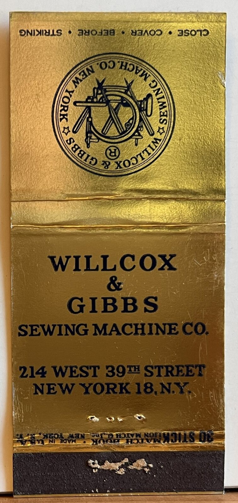 Willcox & Gibbs Sewing Machine Company New York NY Vintage Matchbook Cover