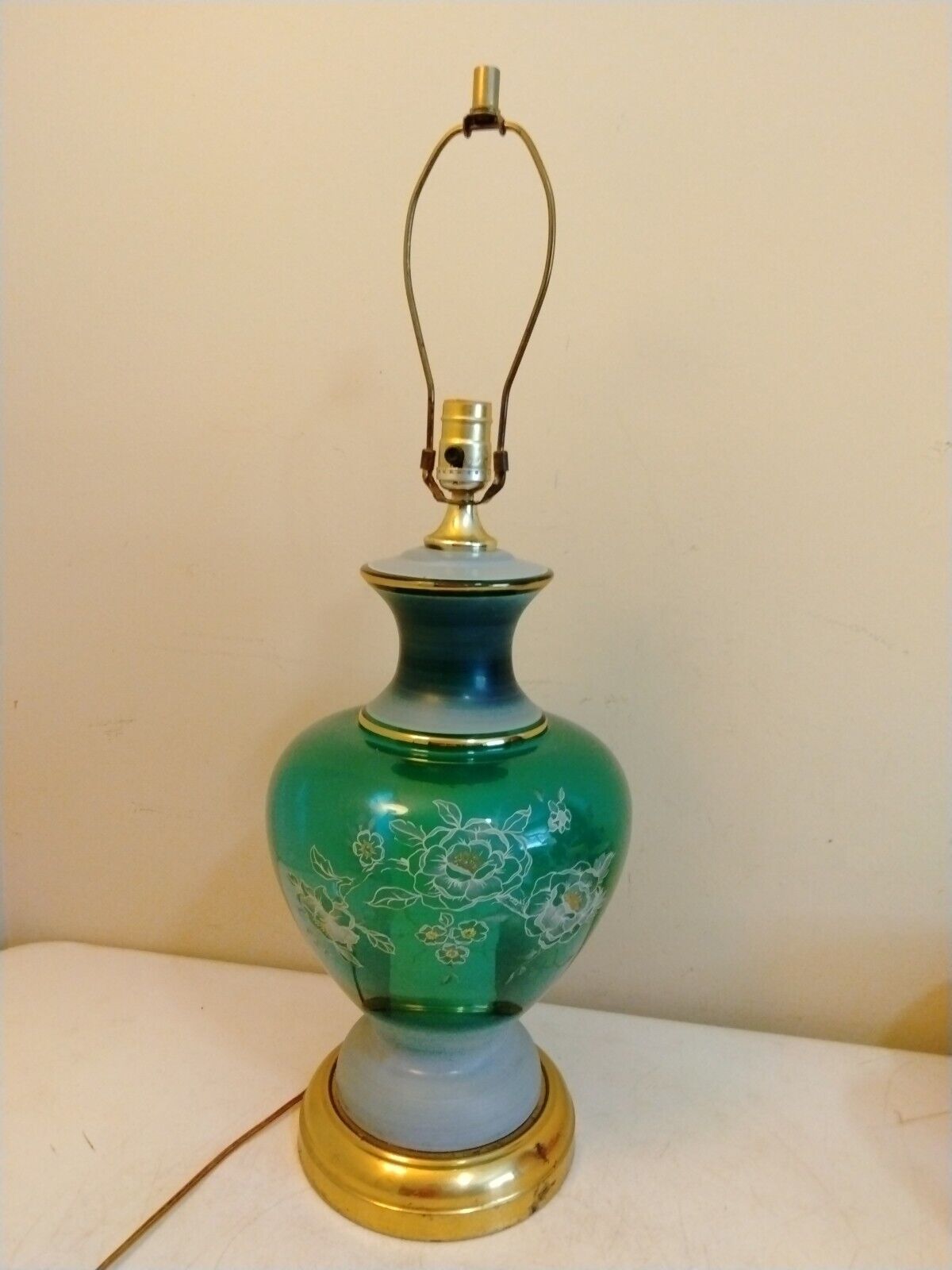 Vintage Blue Glass Dual Light Hand Painted Table Lamp