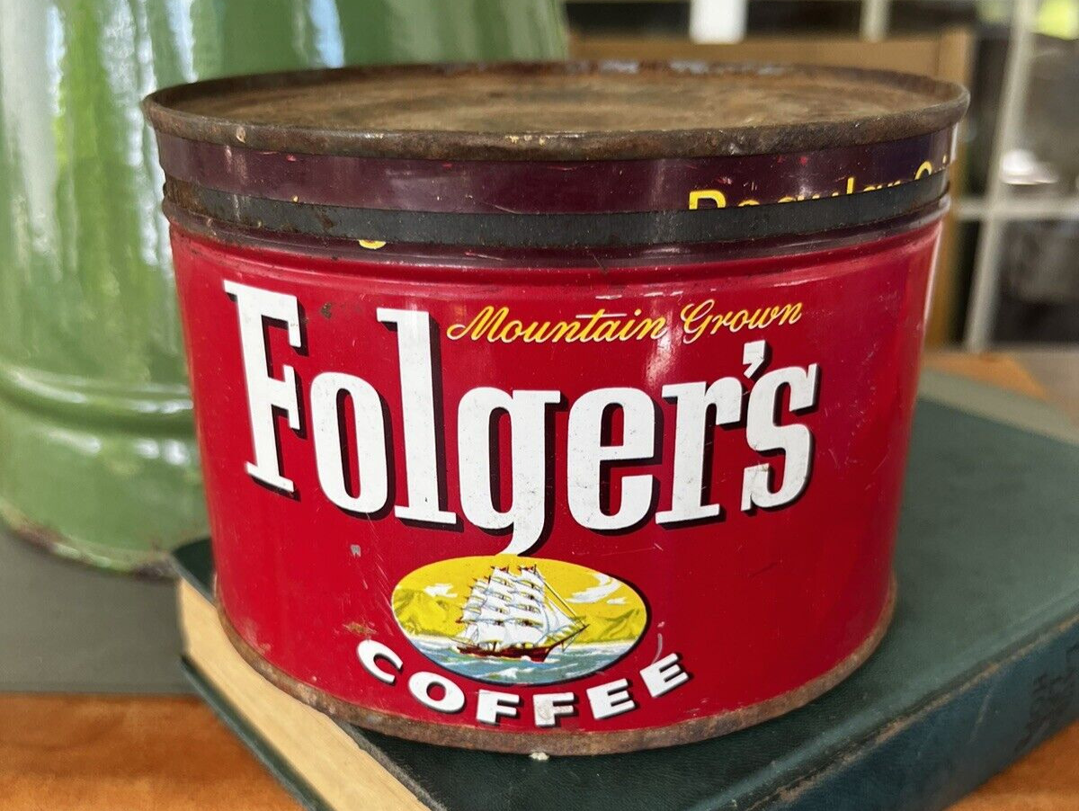 Vintage Folgers Ground Coffee Can With Lid 1 Lb 1959 Red Tin MCM 3”