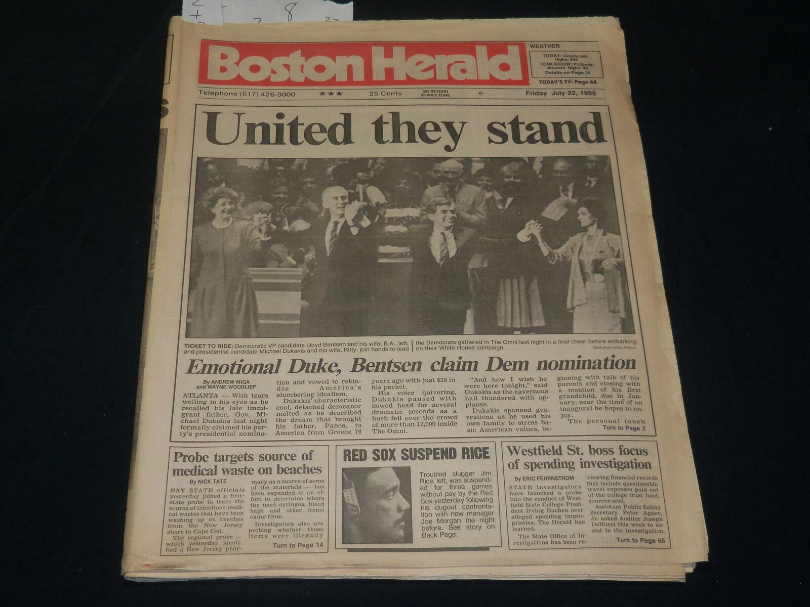 1988 JULY 22 THE BOSTON HERALD NEWSPAPER - DUKAKIS - BENTSEN - NP 4915