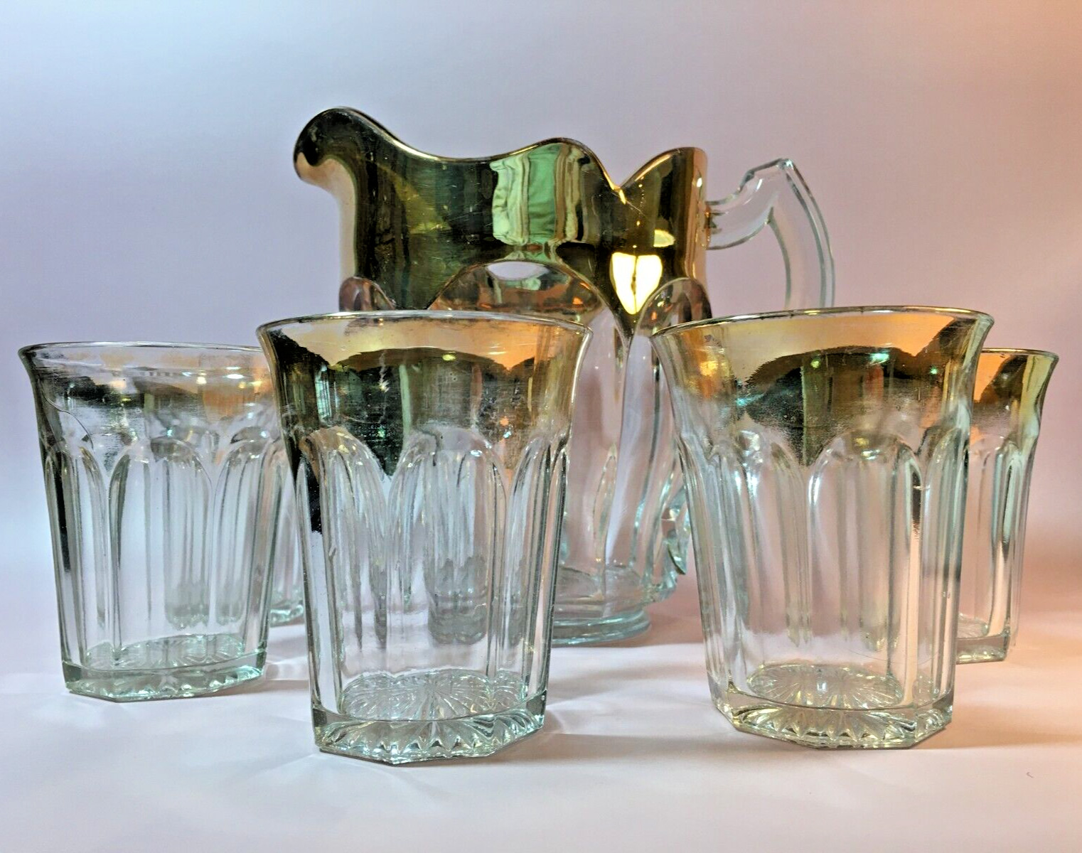 Antique Barware 48 oz Pitcher & 5 Low-Ball Glasses, Gold Trim ~ Lancaster Glass